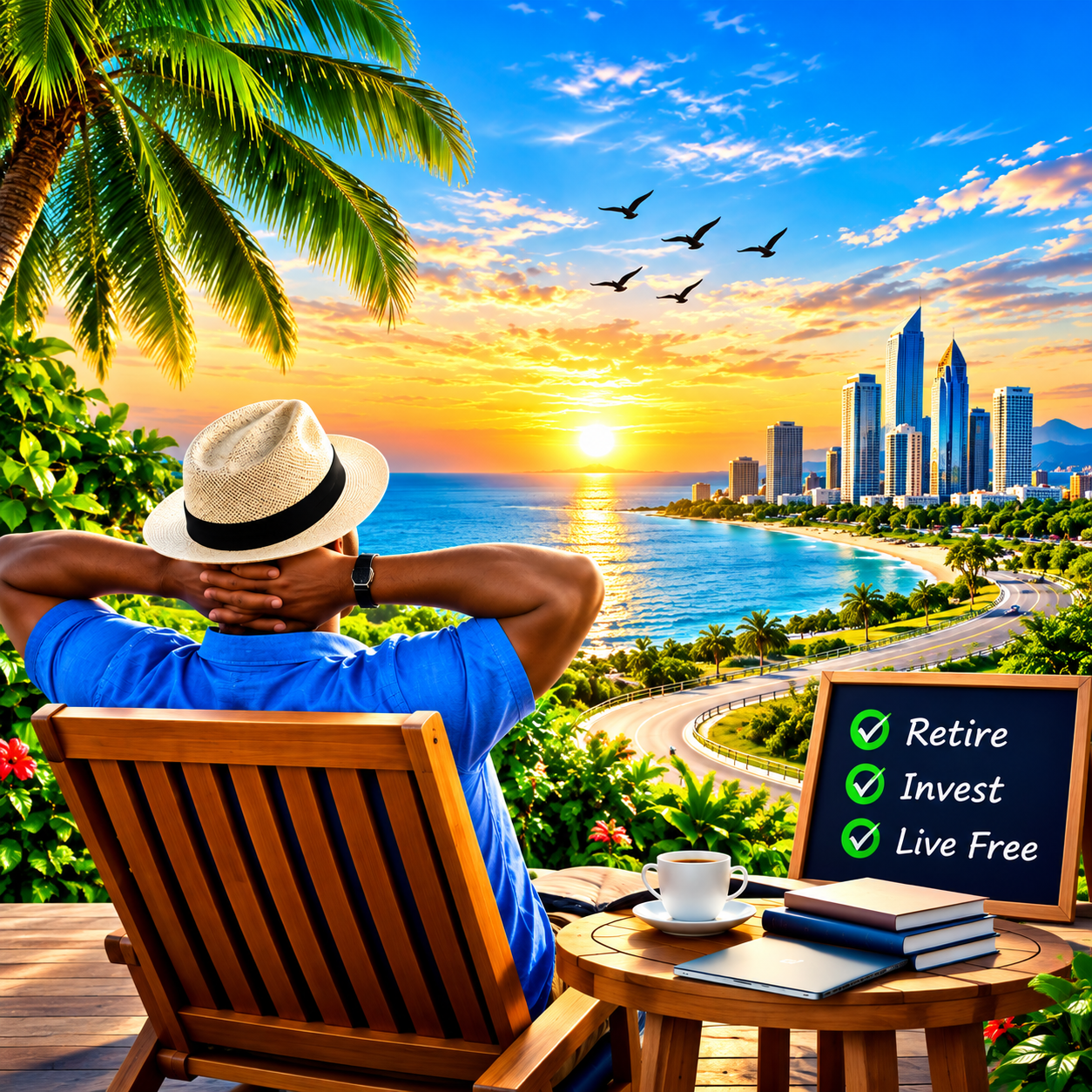 Man relaxing in a chair beside a tropical coast with a laptop, books, and a sign reading Retire, Invest, Live Free